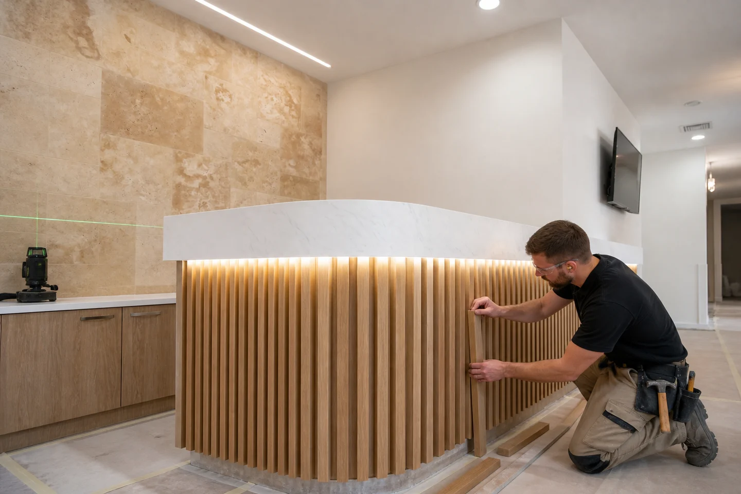 Joiner aligning oak battens around a curved reception counter